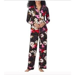 NEW Room Service Women's Shawl Collar Pajama Set Black Floral Size XS